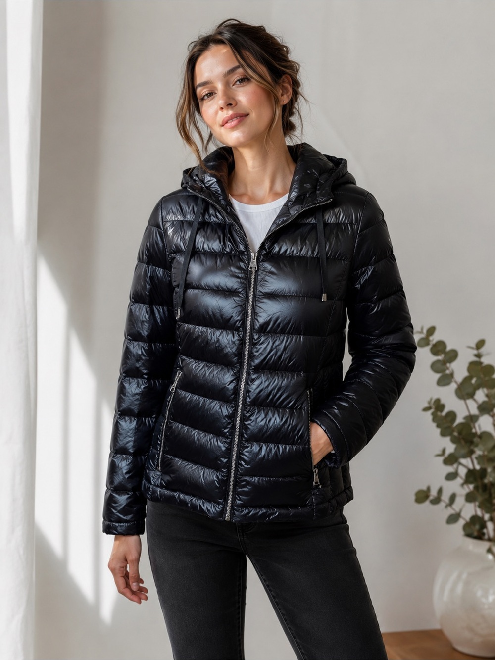 Andrew Marc Down Puffer Jacket Hooded Black Lighweight Packable Zip Up Small